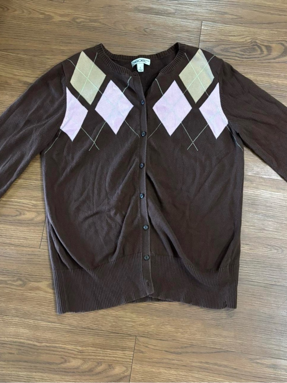 Cherokee Brown Argyle Button Cardigan with Pink & Cream Diamonds